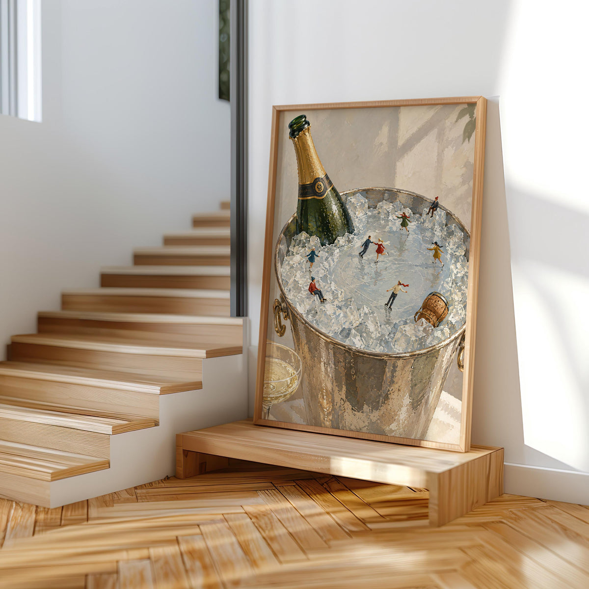 Champagne Ice Skating Wall Art, Tiny People Painting, Winter Bar Cart Decor, Whimsical Holiday Poster Gift, Surreal Bar Print