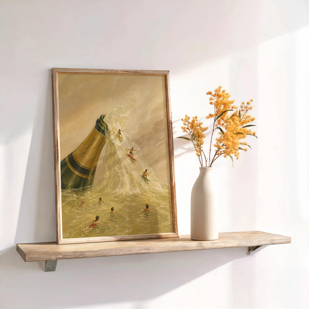 Champagne bottle wall art propped on a narrow ledge, cream wall, vintage texture and tiny swimmers