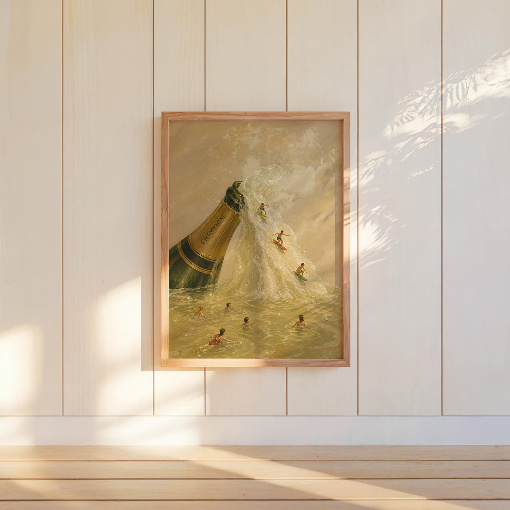 Champagne bottle wall art hung on shiplap, soft morning light, painterly gold wave with tiny people surfing