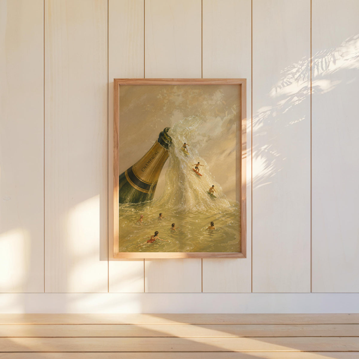 Champagne bottle wall art hung on shiplap, soft morning light, painterly gold wave with tiny people surfing