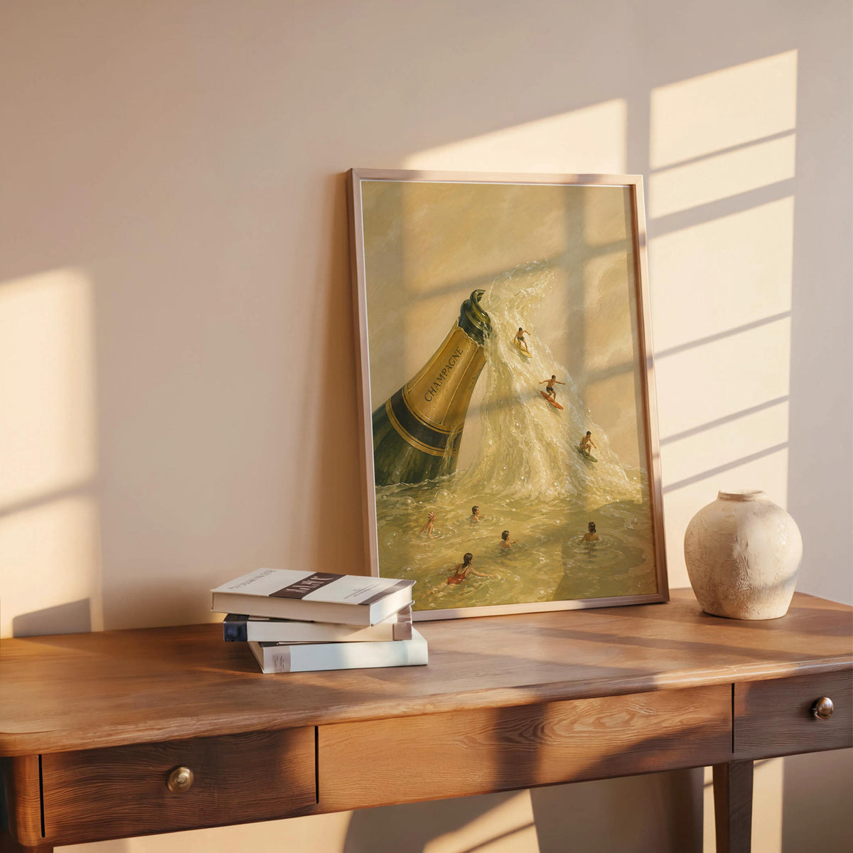 Champagne bottle wall art leaning on a wooden sideboard, soft late light, warm champagne and cream tones