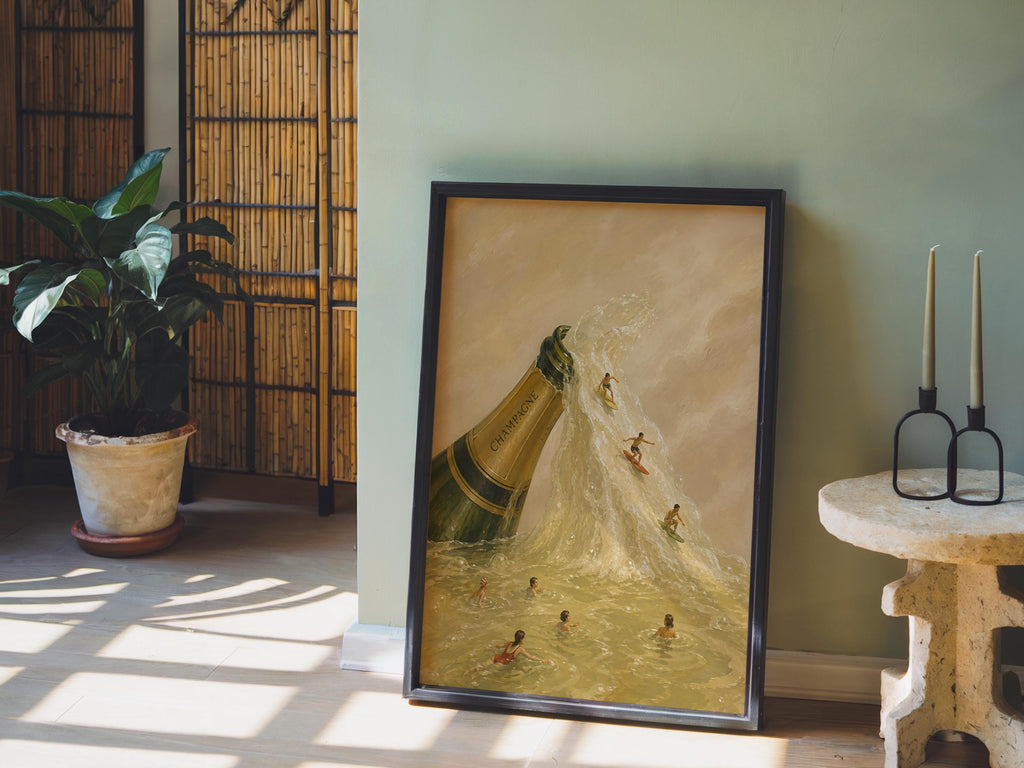 Champagne bottle wall art leaning near a potted plant, sunlit corner, playful miniature people and surf details