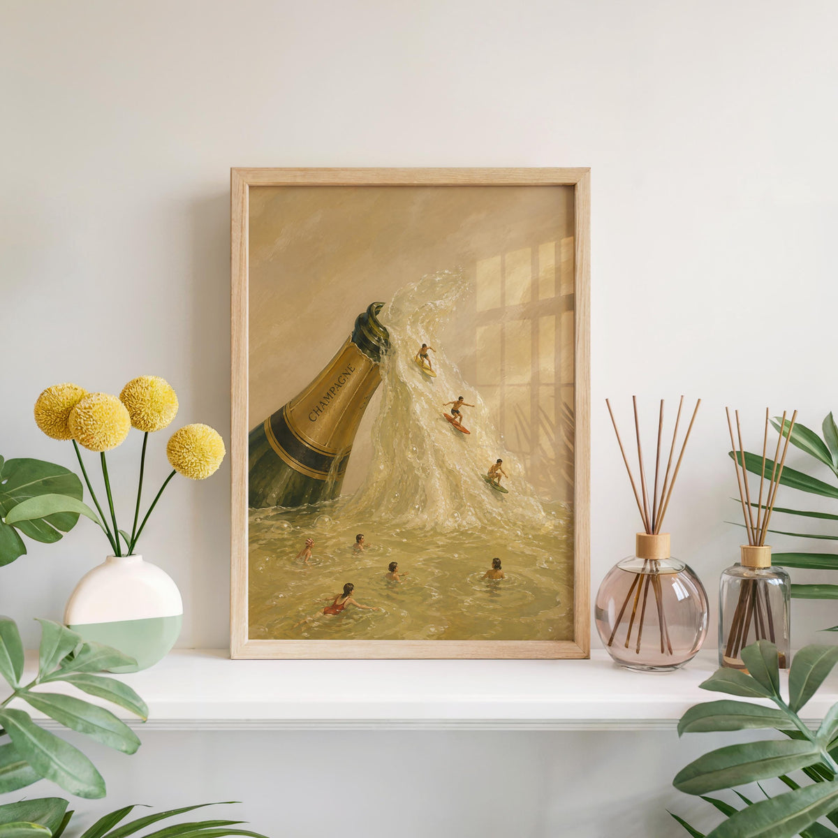 Tall framed champagne bottle wall art on floor with vase and flowers, warm textures, vintage champagne palette