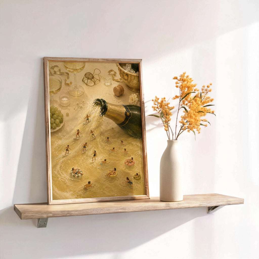 Champagne wall art angled on a shelf with dried flowers, warm beige and muted green tones