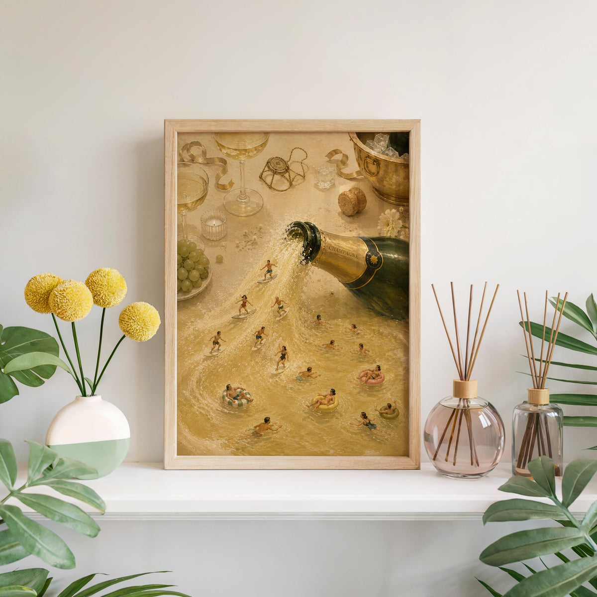 Two champagne wall art prints styled above a console, floral accents, ideal home bar wall decor