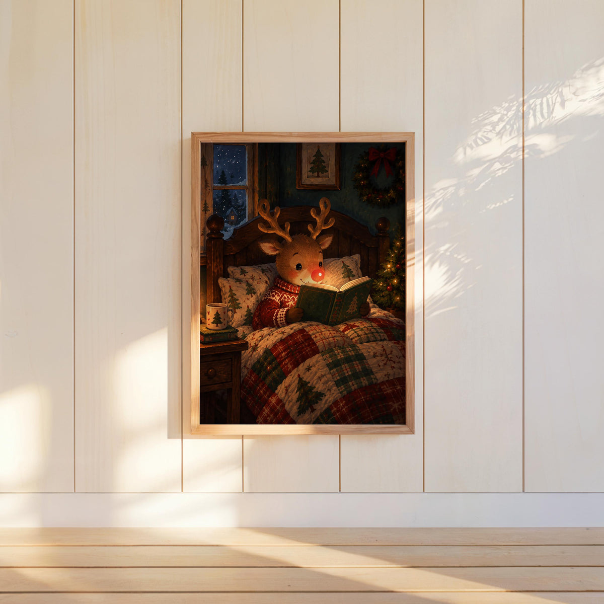 Small framed Rudolph Christmas wall art hung on white shiplap, cozy bedtime Christmas storybook vibe