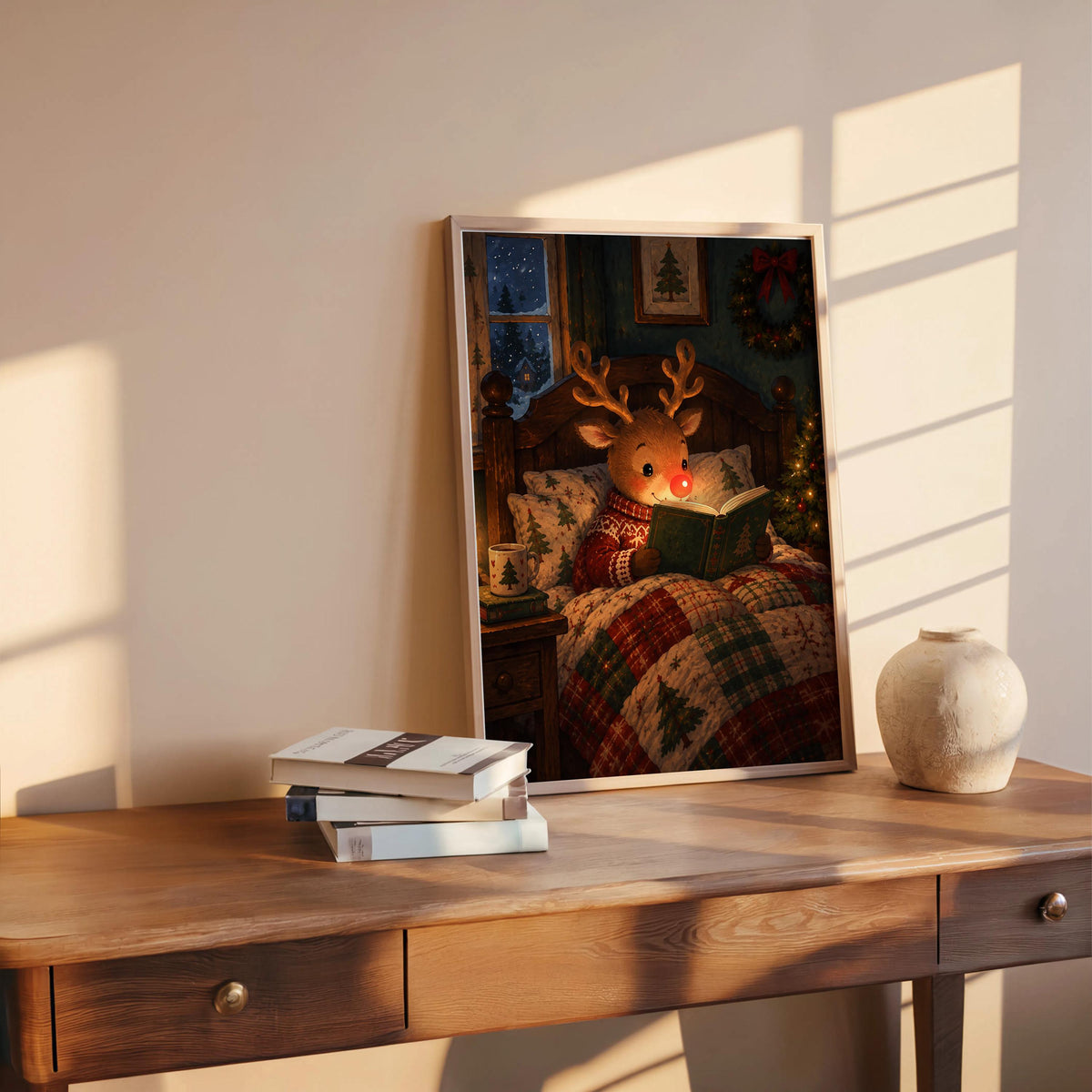 Rudolph Christmas wall art resting on a wooden desk, vintage Rudolph wall art mood in soft afternoon light