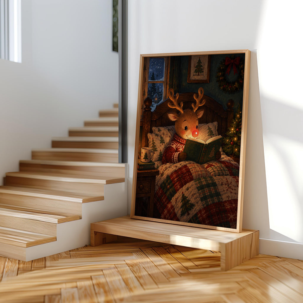Rudolph Christmas wall art propped at the base of stairs, bedtime Christmas wall art in a bright cottagecore entryway
