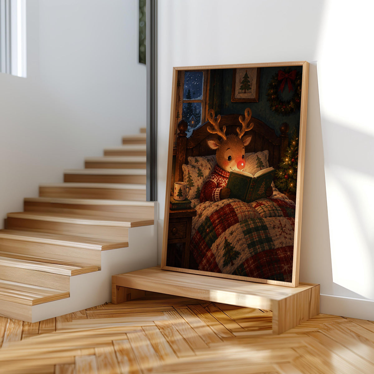 Rudolph Christmas wall art propped at the base of stairs, bedtime Christmas wall art in a bright cottagecore entryway