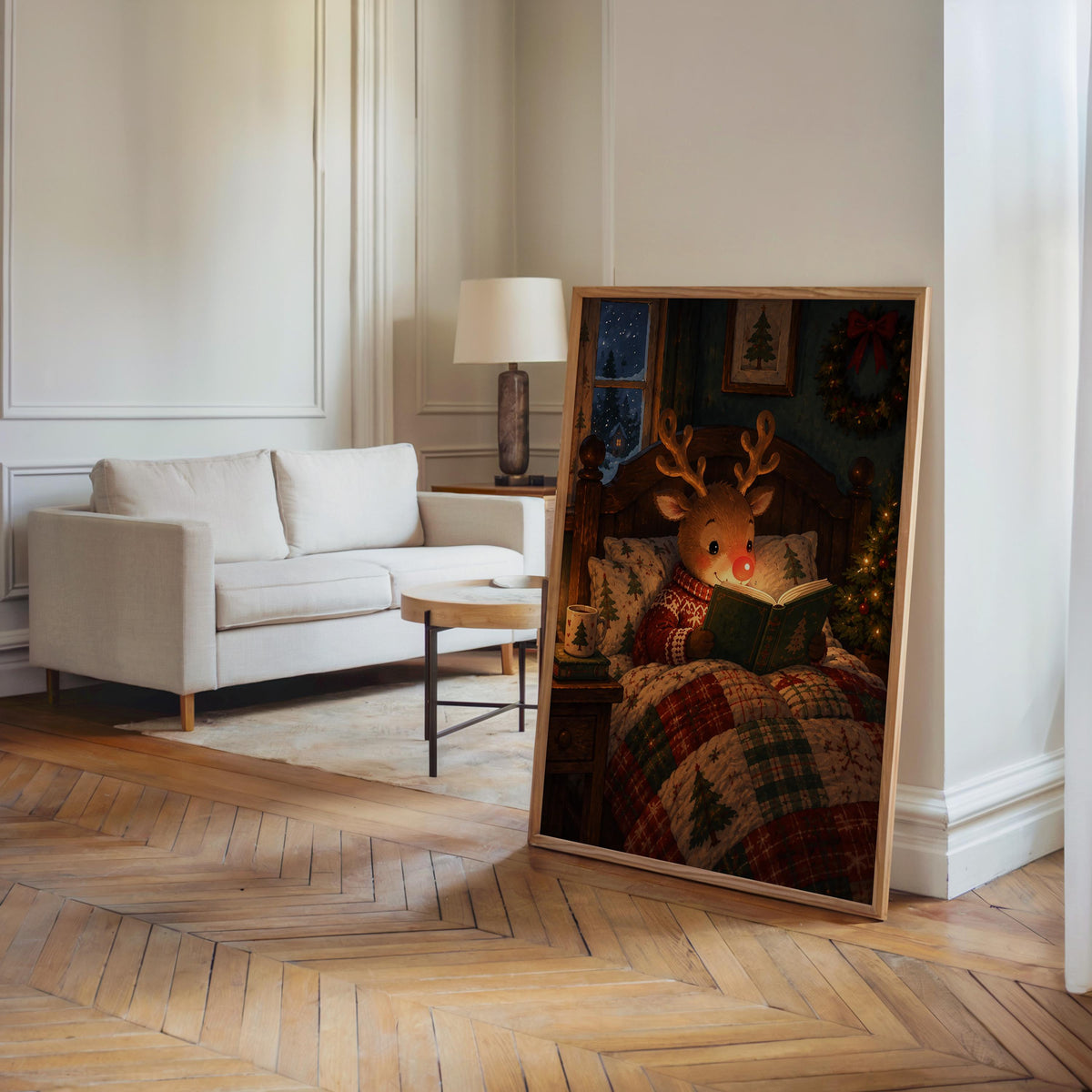 Large Rudolph Christmas wall art leaning near a modern sofa, cozy Christmas bedroom decor with storybook warmth