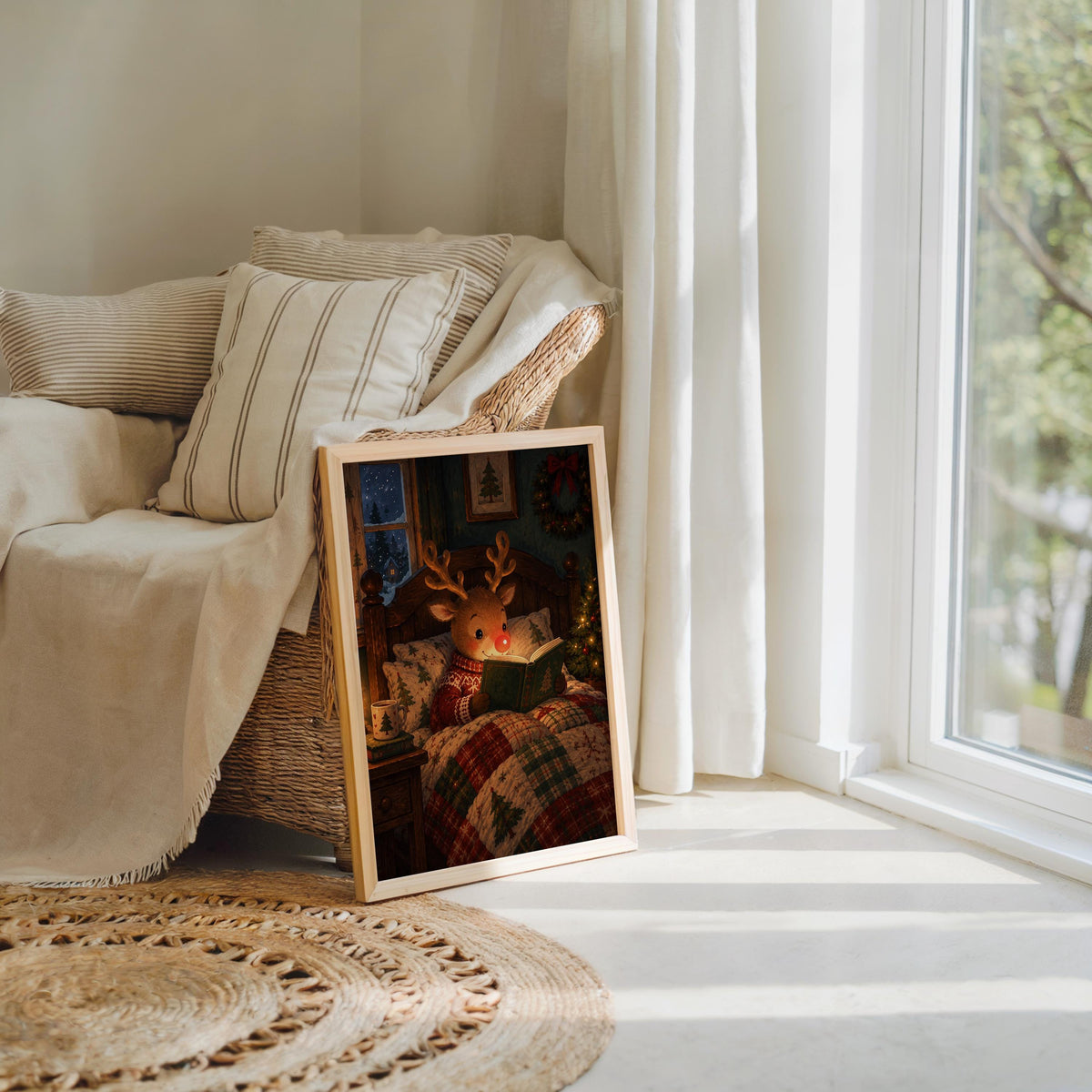 Rudolph Christmas wall art on floor by a sunny window, bedtime Christmas wall art with rustic cottagecore accents