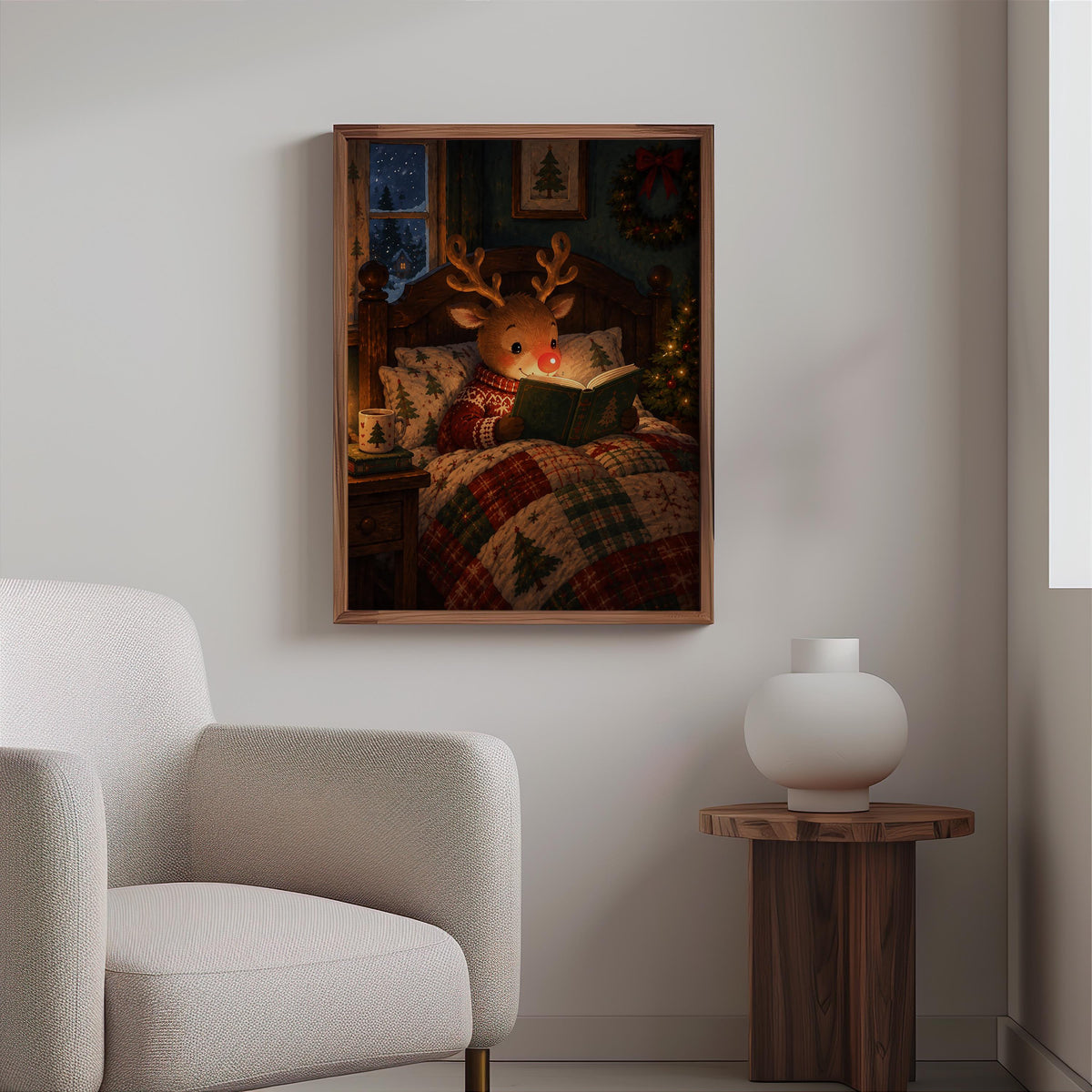 Centered framed Rudolph Christmas wall art above a textured chair, woodland Christmas print with plaid bedding details