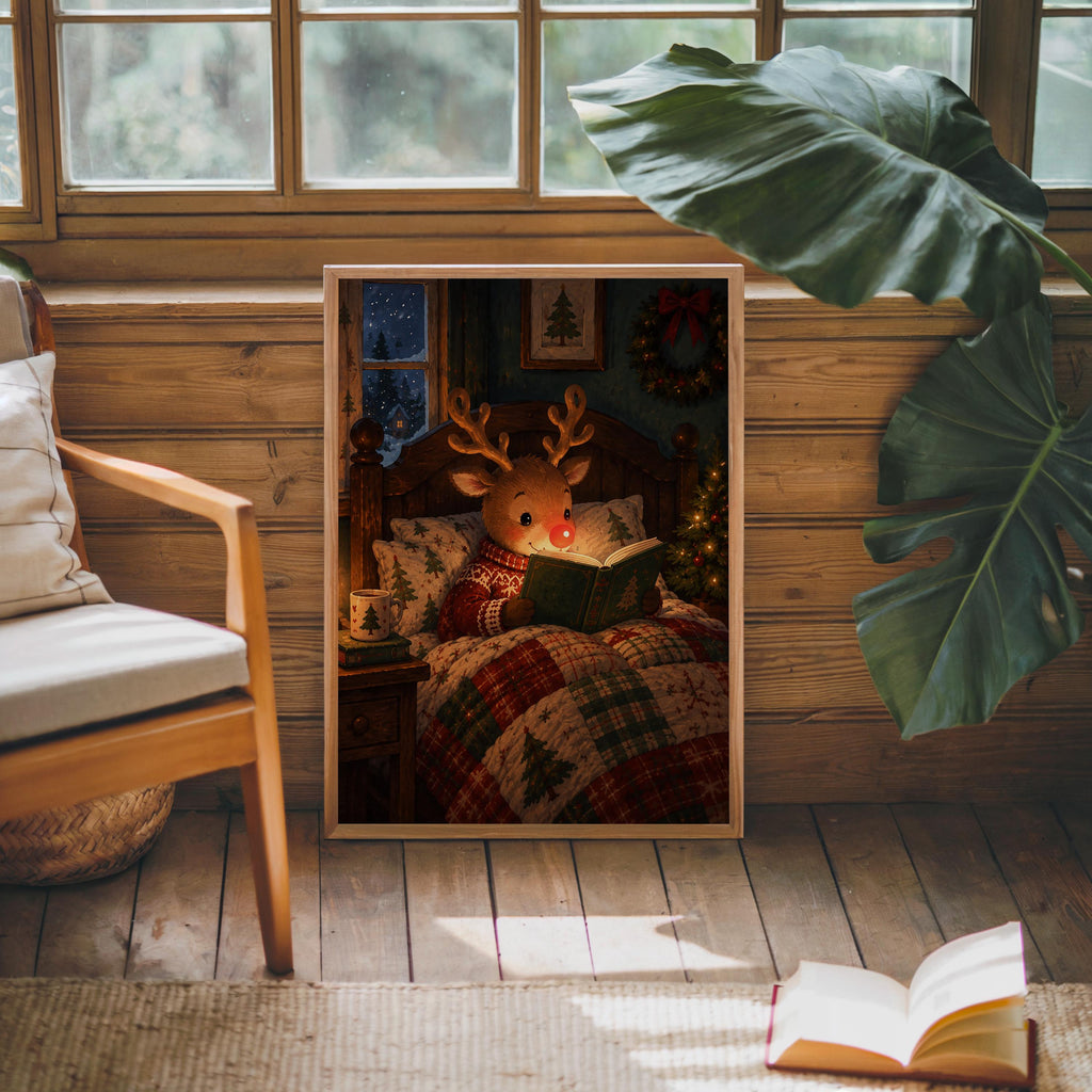 Rudolph Christmas wall art on a rustic bench by plants, Christmas reindeer wall decor with warm glowing lamp light