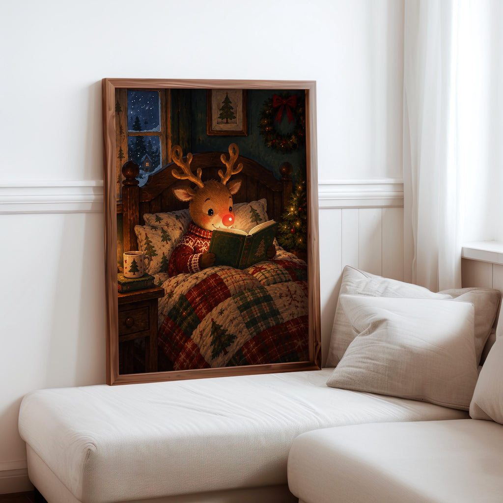 Rudolph Christmas wall art leaning on a sofa ledge, Christmas nursery decor potential with storybook charm