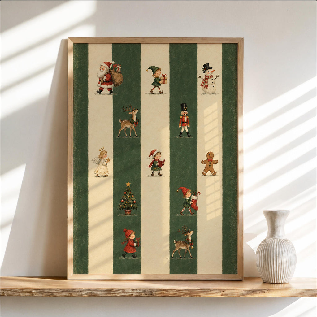 Retro Xmas Poster, Santa Claus Decor, Red Green Striped Pattern Print, Classic Christmas Holiday Wall Art, Gingerbread Nutcracker Reindeer