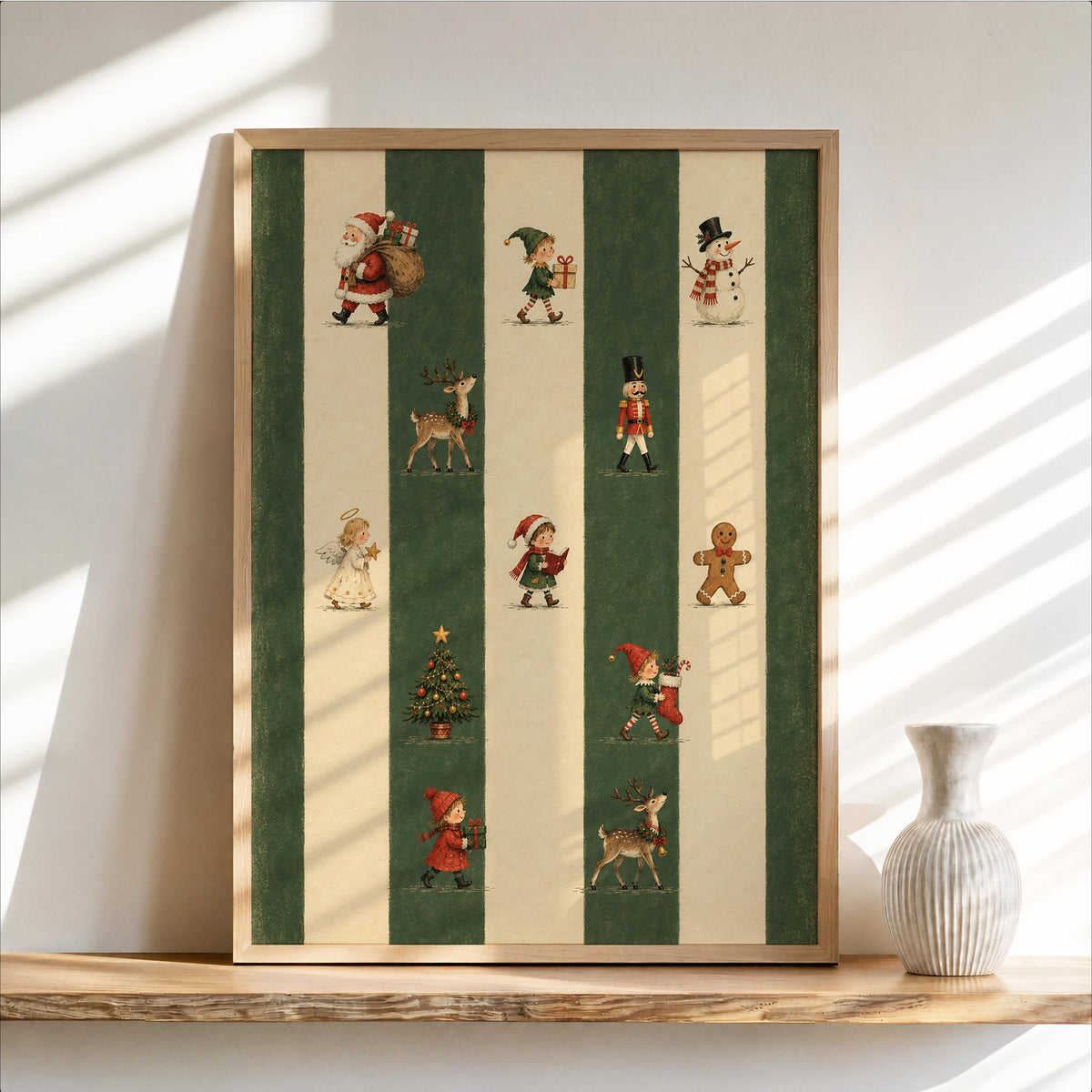 Retro Xmas Poster, Santa Claus Decor, Red Green Striped Pattern Print, Classic Christmas Holiday Wall Art, Gingerbread Nutcracker Reindeer