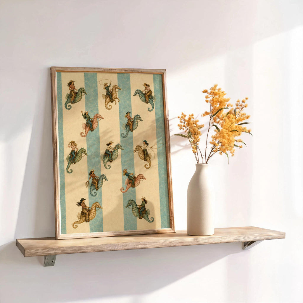 Vertical coastal cowgirl print in a light wood frame on a shelf, soft aqua and muted coral seahorse stripes