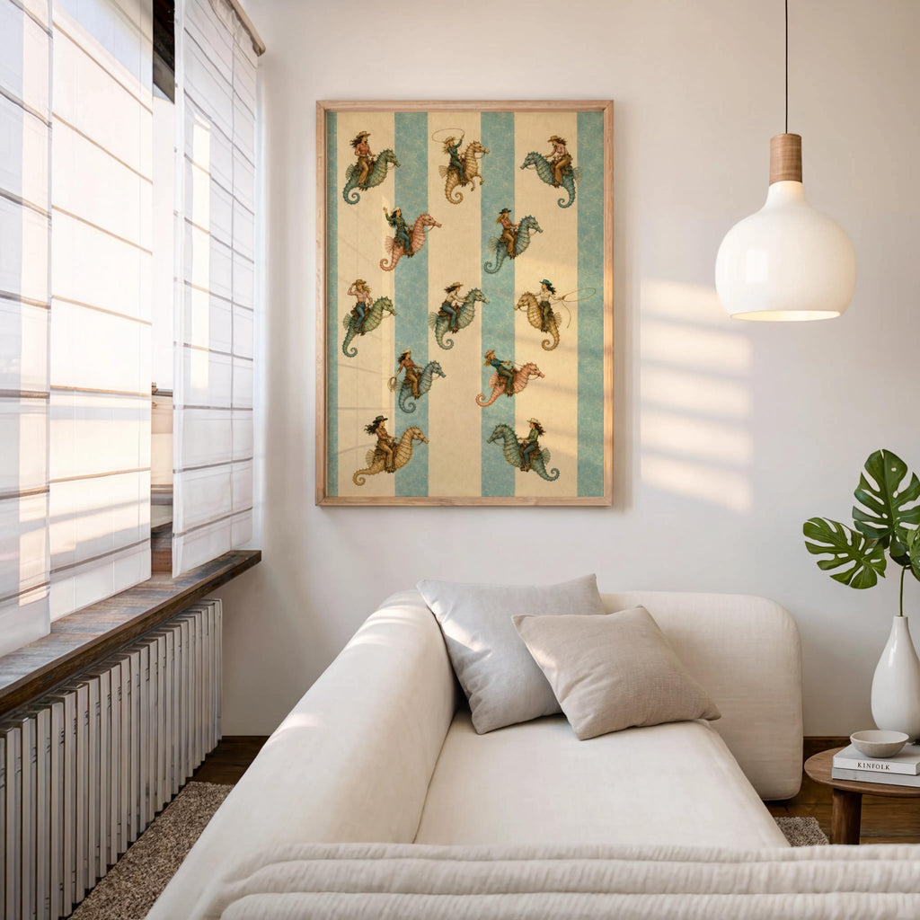 Bright living room styled with coastal western decor, framed seahorse cowgirl stripes hung above a neutral sofa