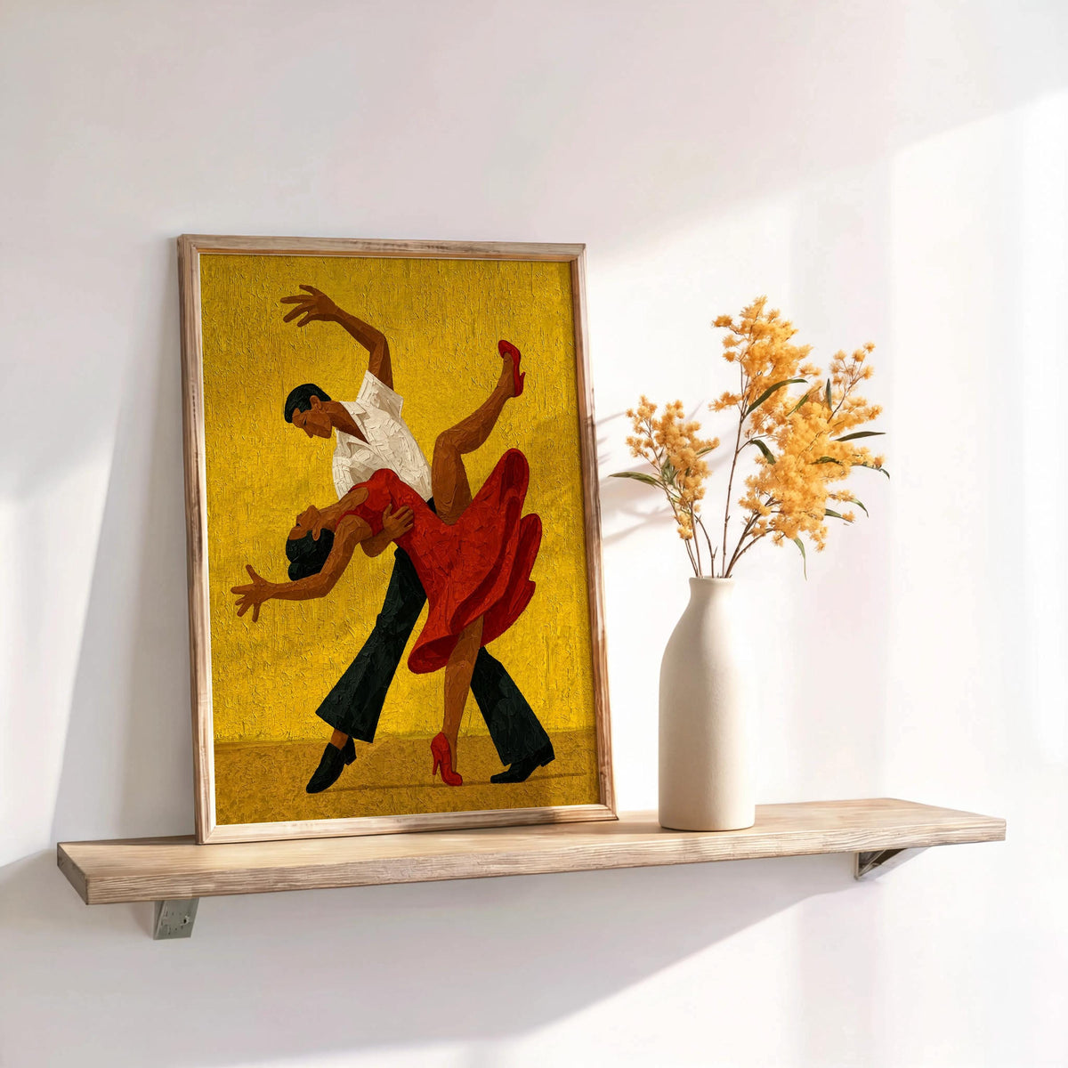 Framed mustard tango couple wall art with dried florals, impasto texture accentuating the flowing red dress, Latin dance decor