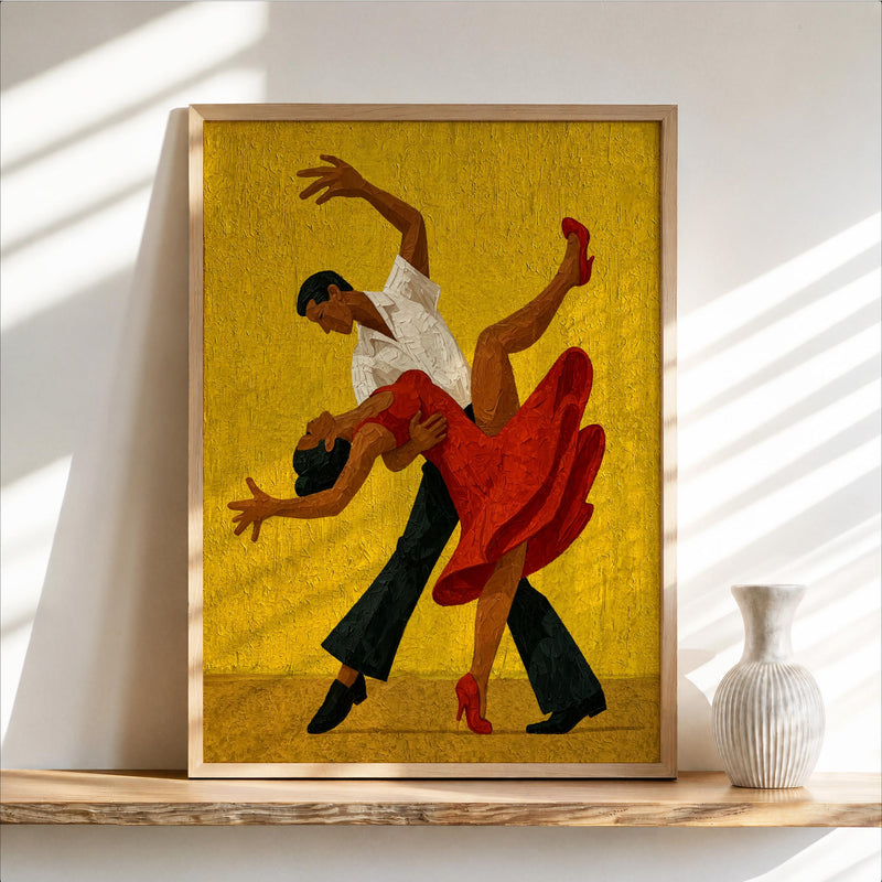 Mustard yellow tango couple wall art, impasto art print showing a passionate ballroom pose, framed on shelf with ceramic vase