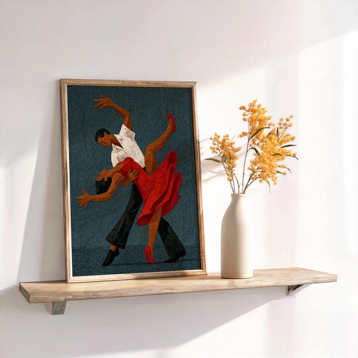 Framed deep blue tango couple wall art on shelf, dramatic ballroom pose in textured impasto, ideal dance studio wall art