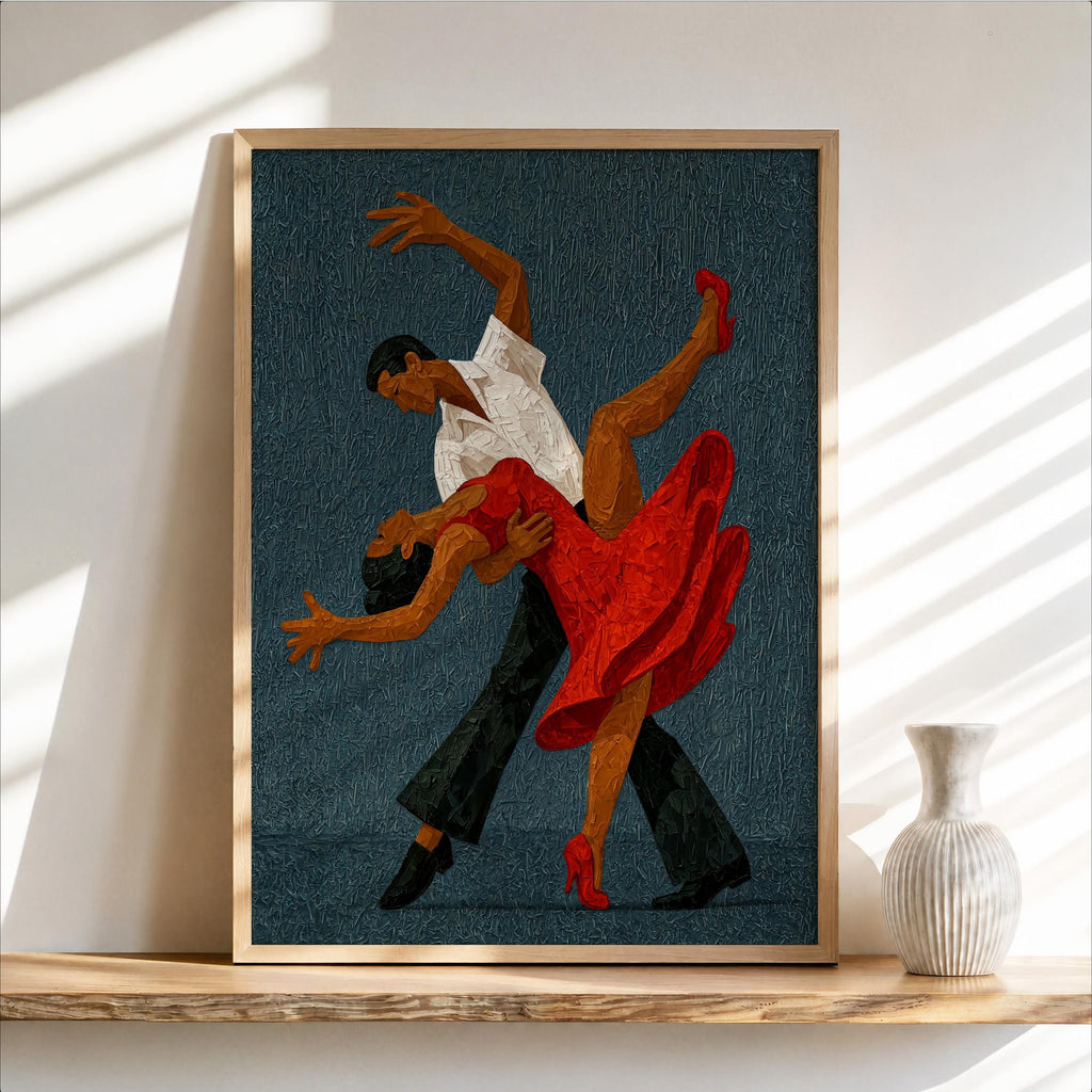Deep blue tango couple wall art, textured impasto dance print, framed and lit by window, vintage ballroom decor