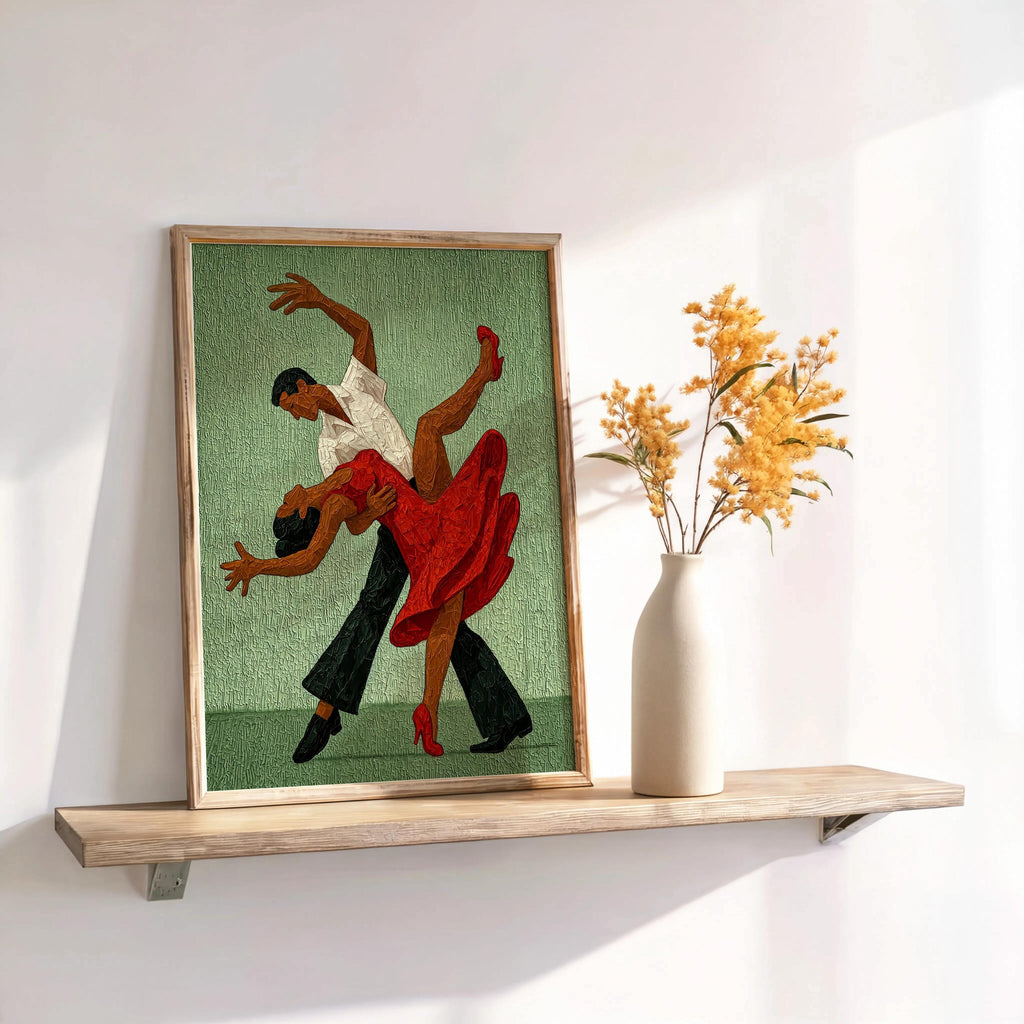 Framed sage tango couple wall art on wooden shelf, retro fine art feel suitable for salsa dance wall art or ballroom decor