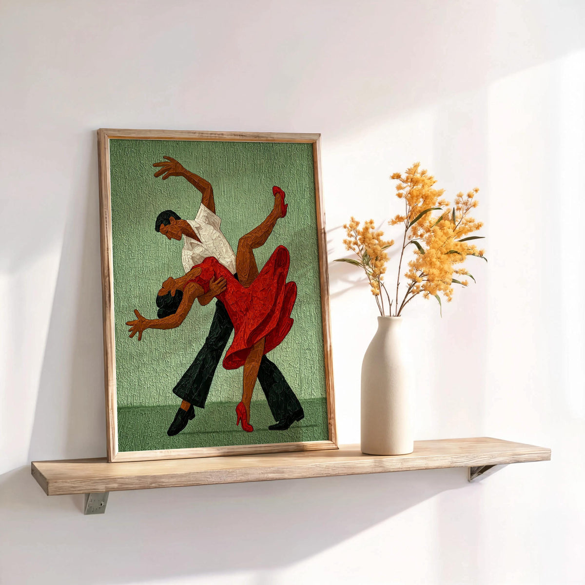 Framed sage tango couple wall art on wooden shelf, retro fine art feel suitable for salsa dance wall art or ballroom decor