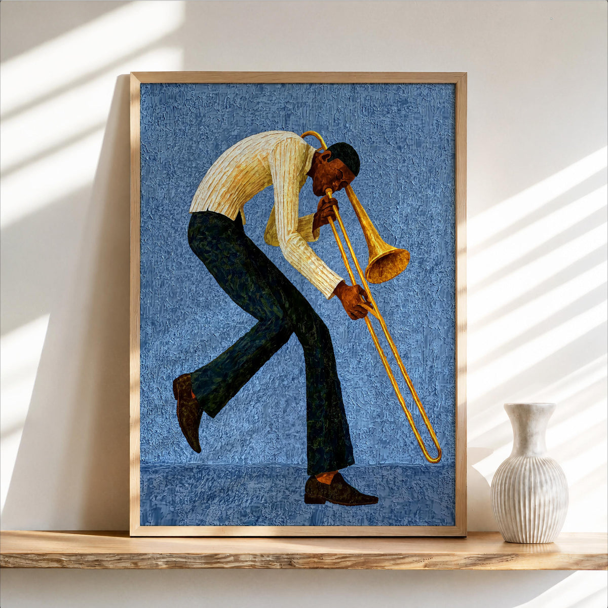 Trombone Player Wall Art, African American Jazz Musician Painting, Afrocentric Artistic Music Print Decor, Abstract Textured Band Gift