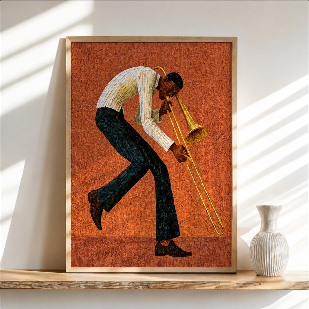 Trombone Player Wall Art, African American Jazz Musician Painting, Afrocentric Artistic Music Print Decor, Abstract Textured Band Gift