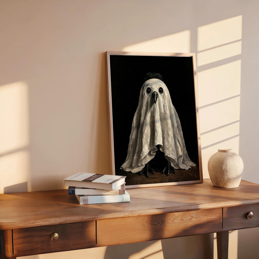 Ghost Crow Wall Art, Spooky Bird Painting, Gothic Halloween Decor, Moody Dark Academia Print, Autumn Witchy Season Gift