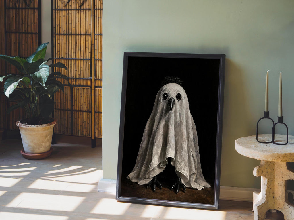 Ghost Crow Wall Art, Spooky Bird Painting, Gothic Halloween Decor, Moody Dark Academia Print, Autumn Witchy Season Gift