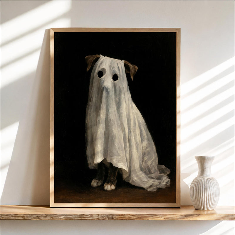 Ghost Dog Wall Art, Spooky Pet Painting, Gothic Halloween Decor, Moody Dark Academia Print, Witchy Funny Occult Painting