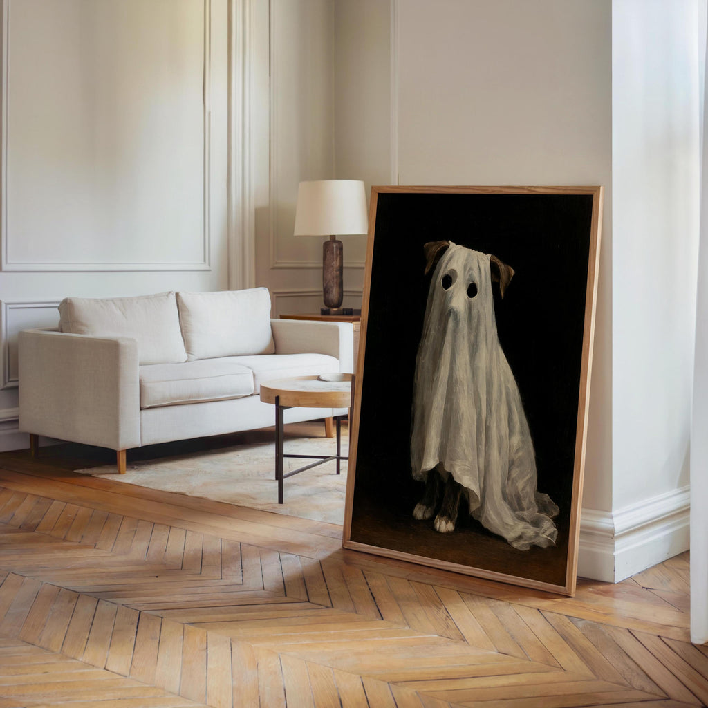 Ghost Dog Wall Art, Spooky Pet Painting, Gothic Halloween Decor, Moody Dark Academia Print, Witchy Funny Occult Painting