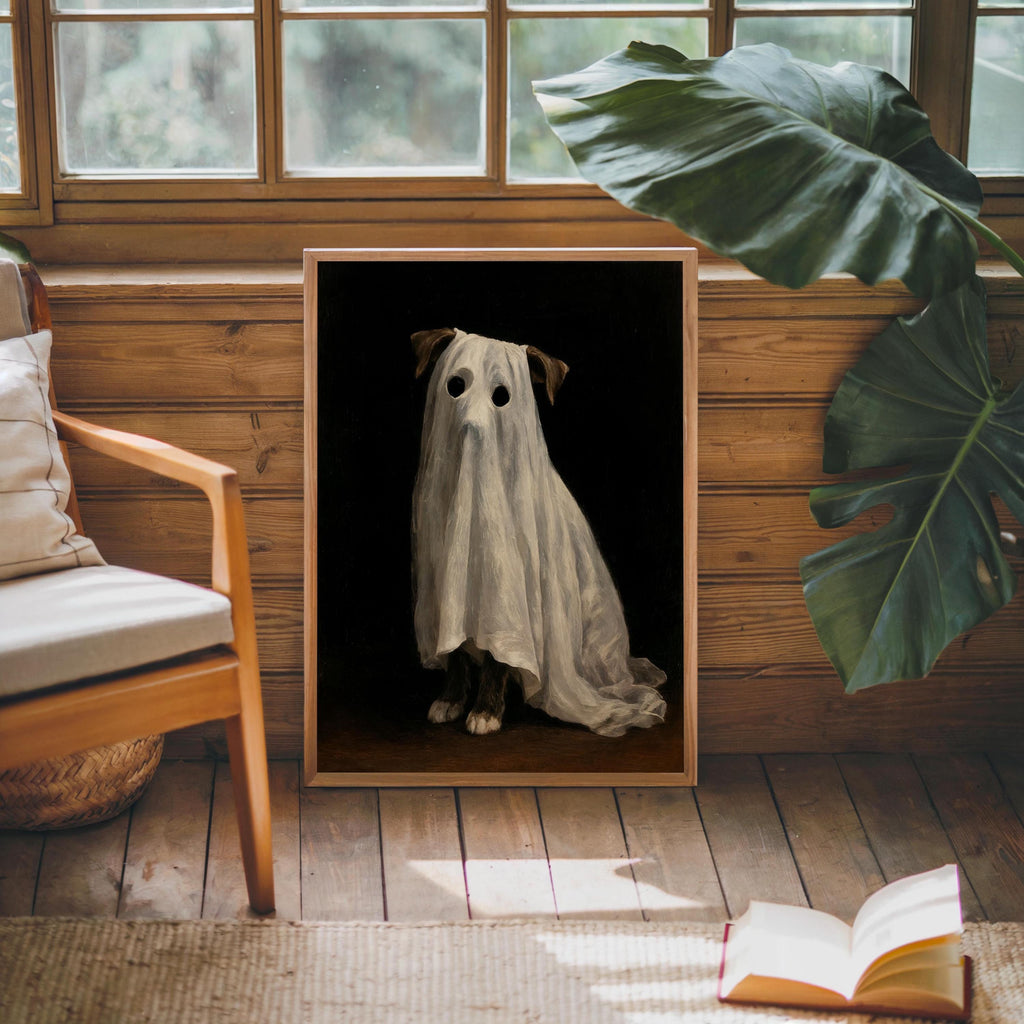 Ghost Dog Wall Art, Spooky Pet Painting, Gothic Halloween Decor, Moody Dark Academia Print, Witchy Funny Occult Painting