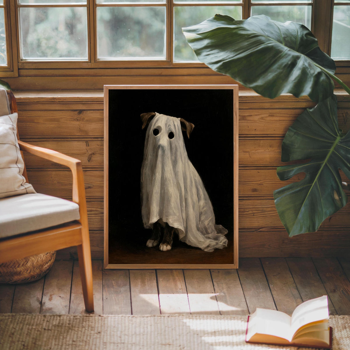 Ghost Dog Wall Art, Spooky Pet Painting, Gothic Halloween Decor, Moody Dark Academia Print, Witchy Funny Occult Painting