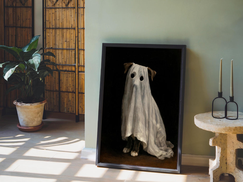 Ghost Dog Wall Art, Spooky Pet Painting, Gothic Halloween Decor, Moody Dark Academia Print, Witchy Funny Occult Painting