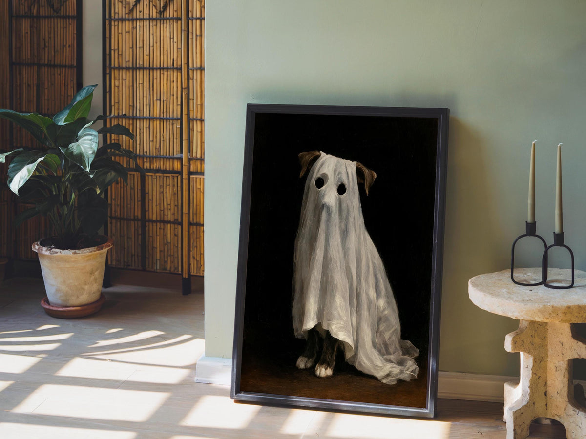 Ghost Dog Wall Art, Spooky Pet Painting, Gothic Halloween Decor, Moody Dark Academia Print, Witchy Funny Occult Painting
