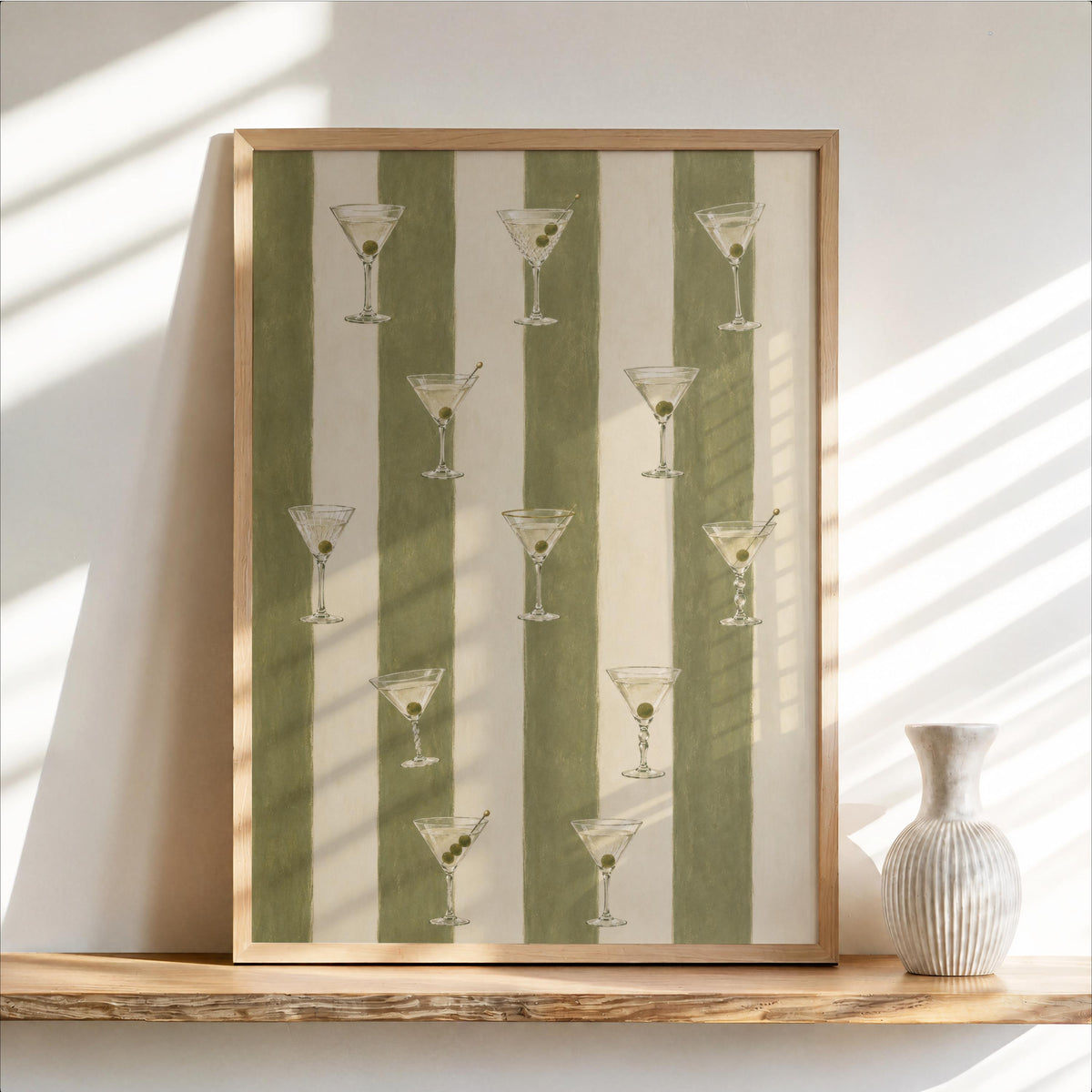 Martini Cocktail Wall Art, Vintage Bar Print, Green Striped Decor, Olives & Martini Glasses Poster, Mid Century Retro Kitchen Drinks Gift