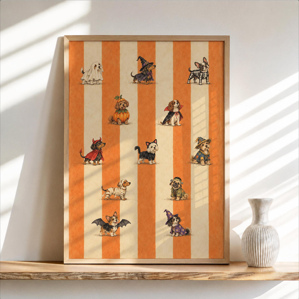 Halloween Dog Parade Wall Art, Ghost Witch Skeleton Vampire Costume Pets Print, Dog Lover Spooky Season Gift, Striped Autumn Decor