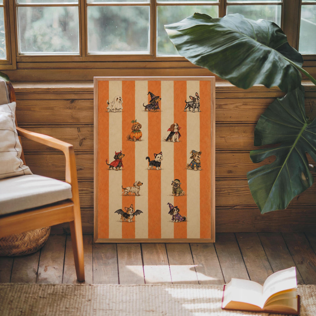 Halloween Dog Parade Wall Art, Ghost Witch Skeleton Vampire Costume Pets Print, Dog Lover Spooky Season Gift, Striped Autumn Decor