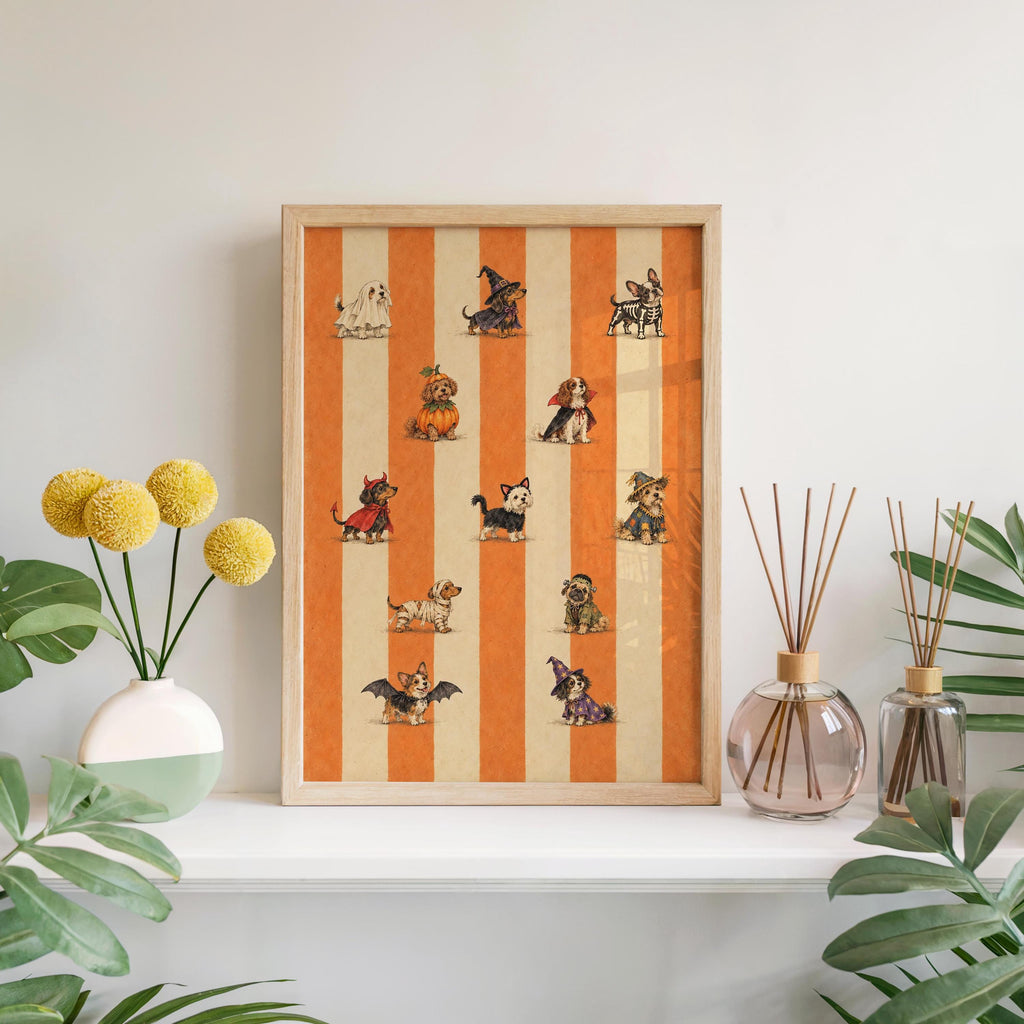 Halloween Dog Parade Wall Art, Ghost Witch Skeleton Vampire Costume Pets Print, Dog Lover Spooky Season Gift, Striped Autumn Decor