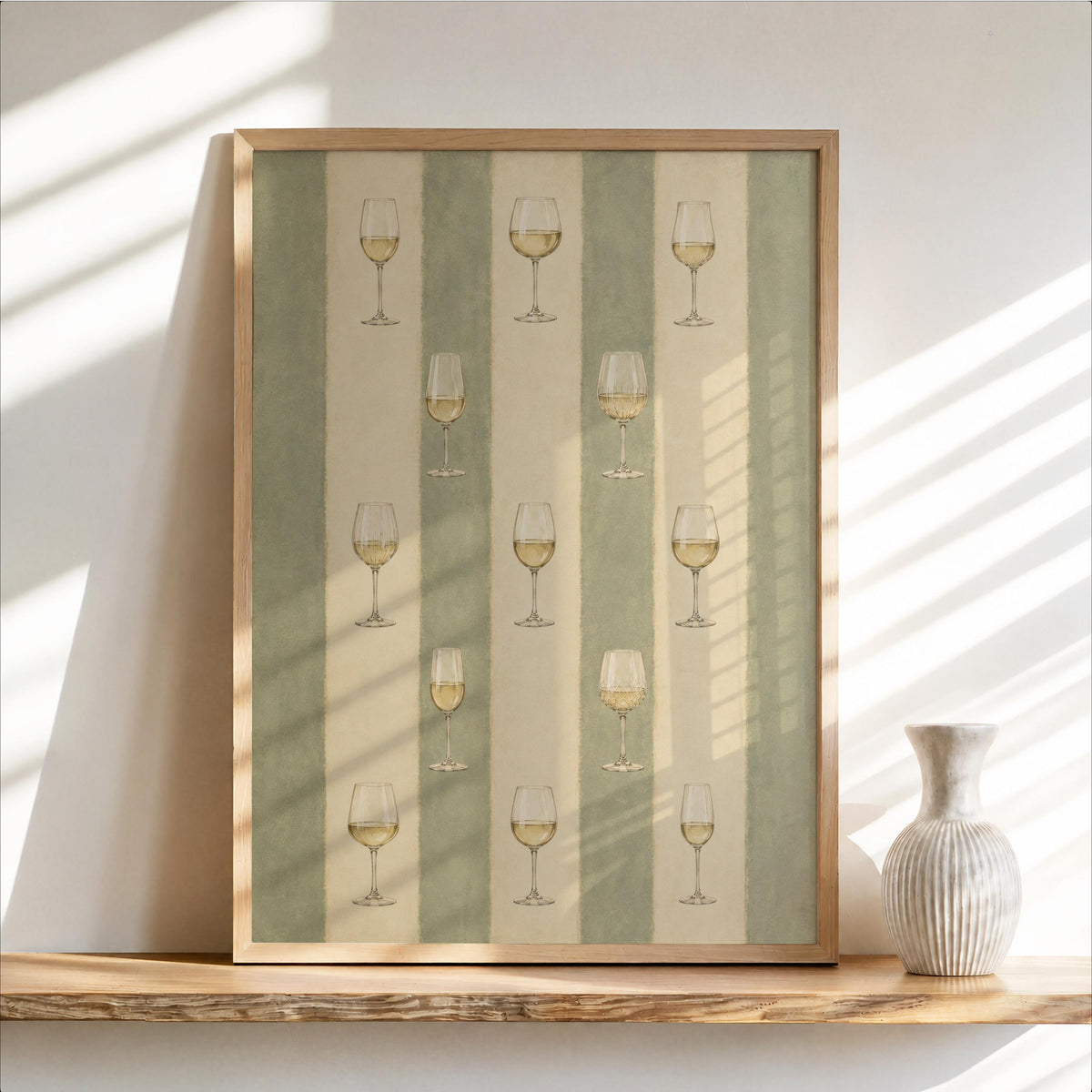White Wine Wall Art, Vintage Drinks Glass Print, Sage Green Striped Kitchen Decor, Retro Dining Room Poster, Wine Lover Gift, European Style