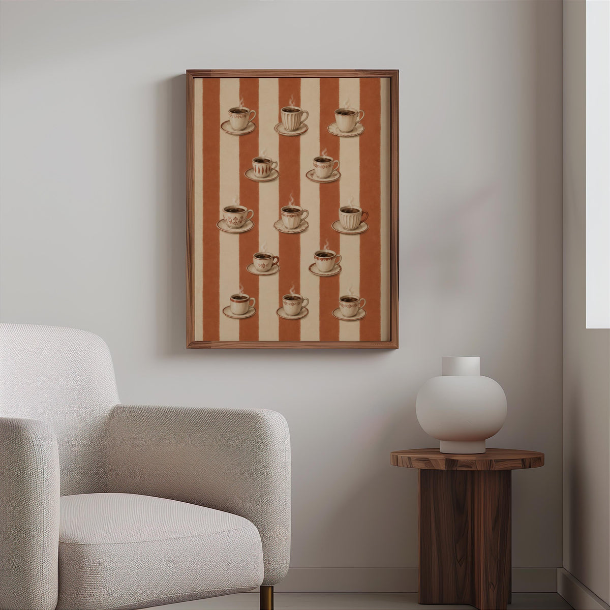 Retro Coffee Print, Vintage Kitchen Wall Art, Tea Cup Poster, Striped Terracotta Dining Decor, French Cafe Style, Coffee Lover Gift