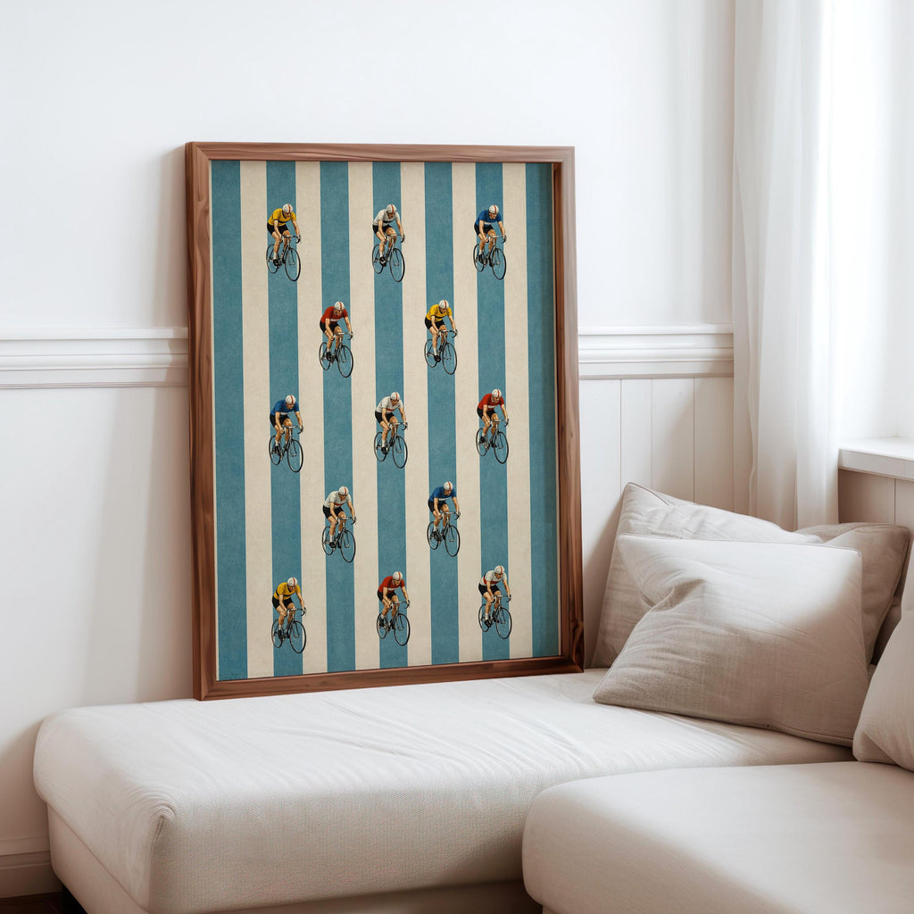 Cycling Wall Art, Retro Striped Peloton Print, Bike Lover Poster, Sports Athlete Illustration, Cyclist Gift Decor, Boys Nursery Decor