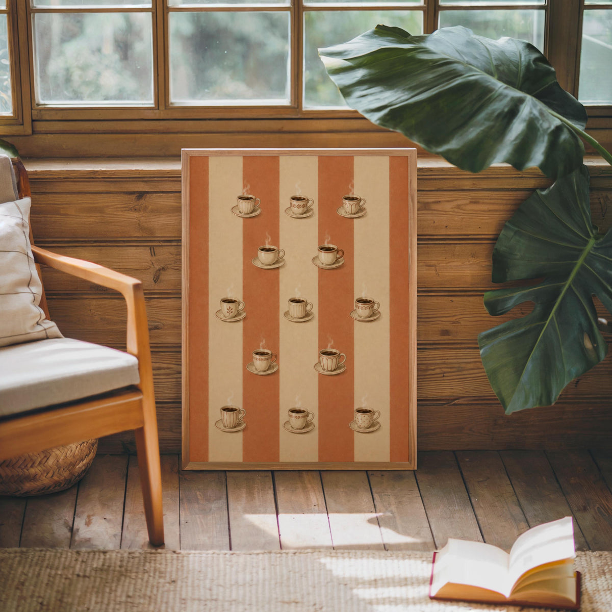 Striped Coffee Wall Art, Retro Kitchen Print, Tea Cup Decor, Vintage Terracotta Dining Poster, French Cafe Style, Coffee Lover Gift