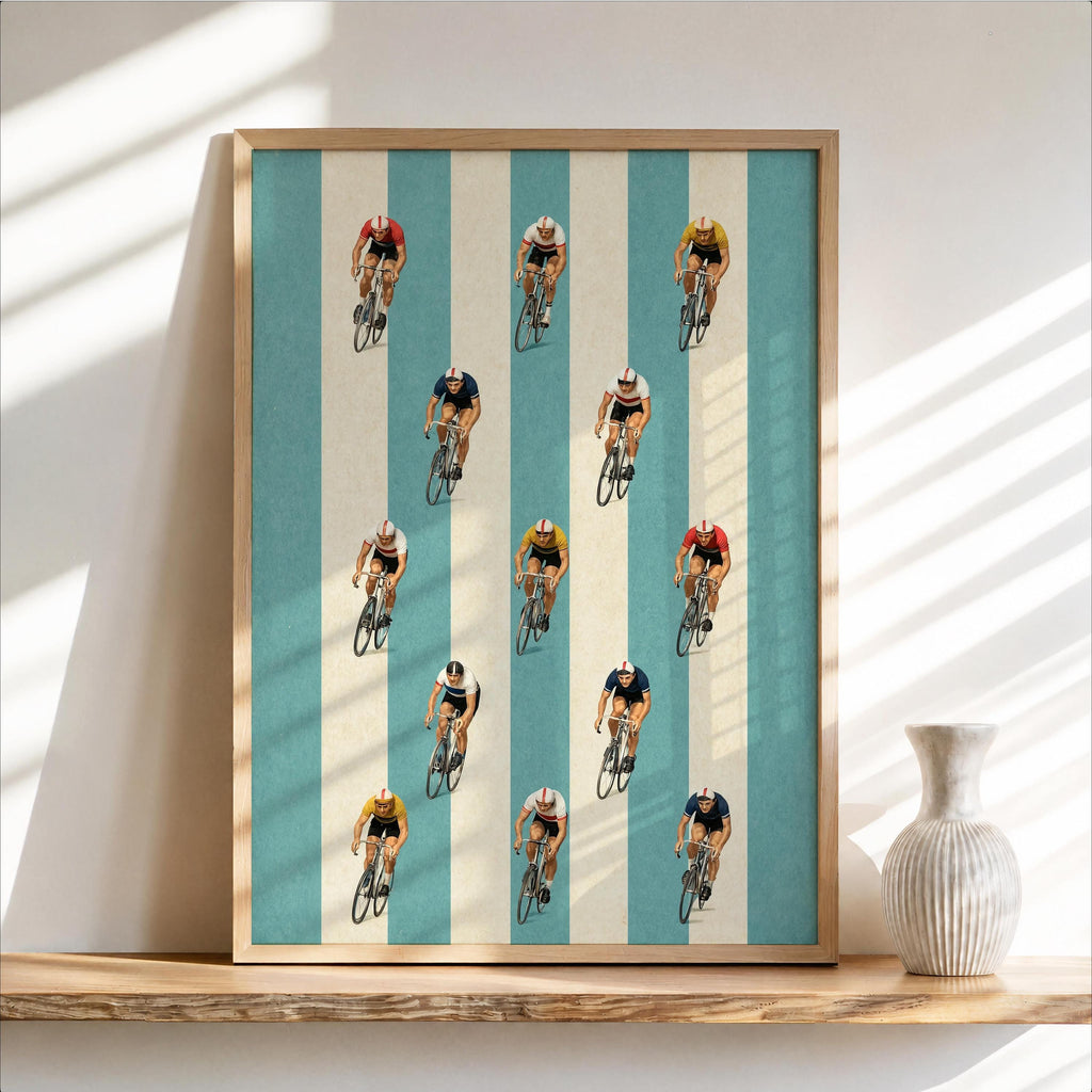 Whimsical Cyclist Illustration, Racing Peloton Themed Print, Blue Striped Vintage Wall Art, Neutral Boys Room Decor, Bike Lover Gift