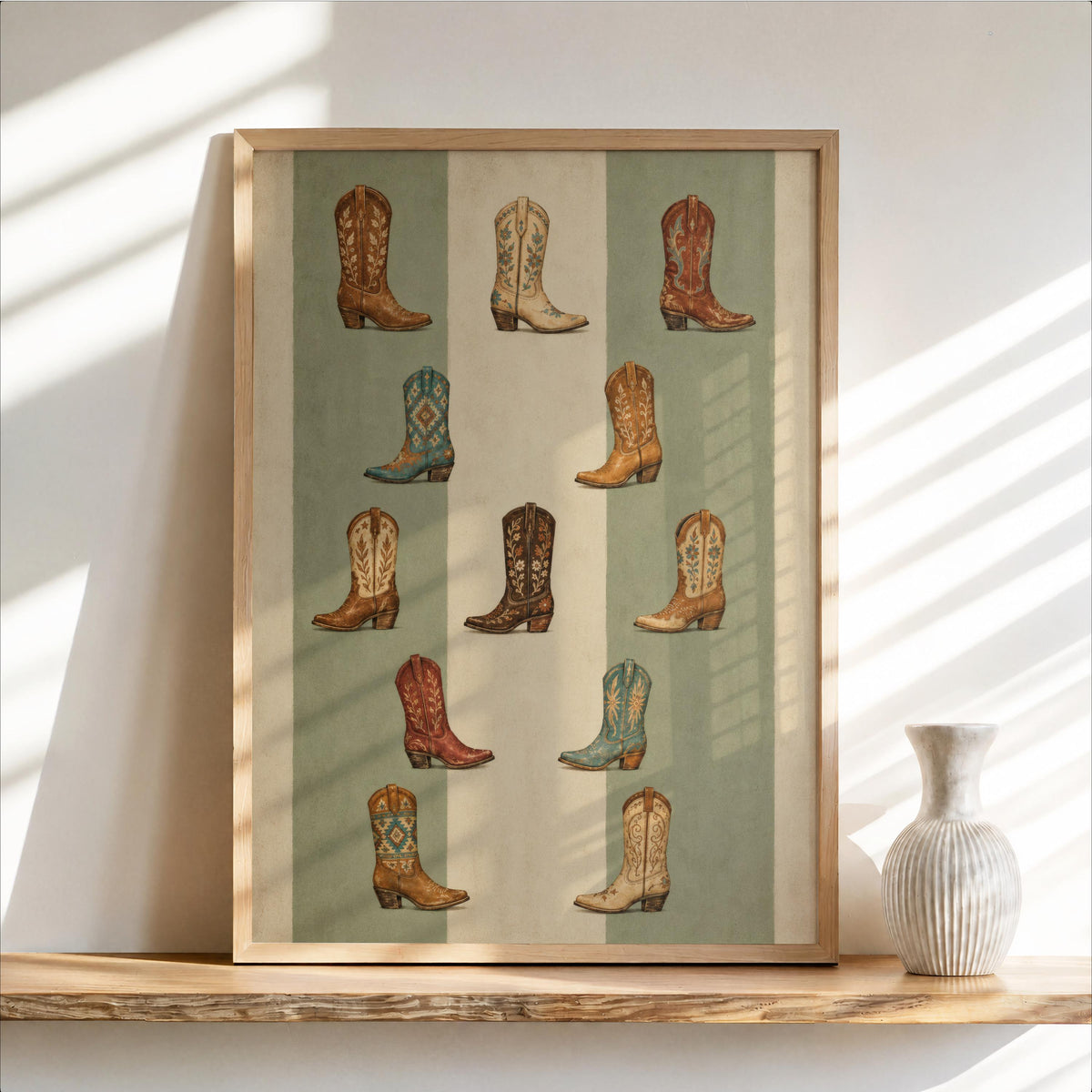 Striped Cowgirl Boots Print, Vintage Cowboy Wall Art, Western Boot Poster, Rustic Old West Decor, Girly Country Ranch Home Decor