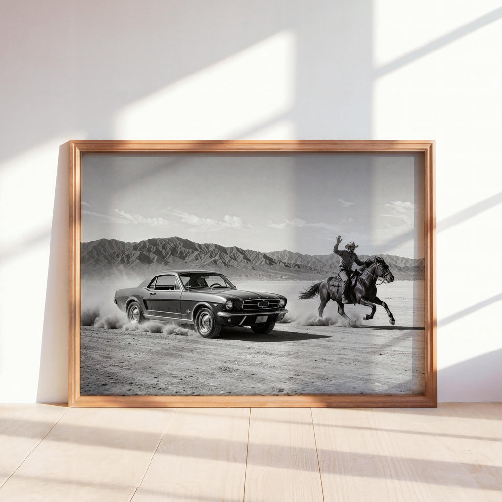 Cowboy & Horse VS Classic Car Print, Vintage Texas Black and White Photo, Western Country Old Poster, Mid Century Retro Americana Wall Art