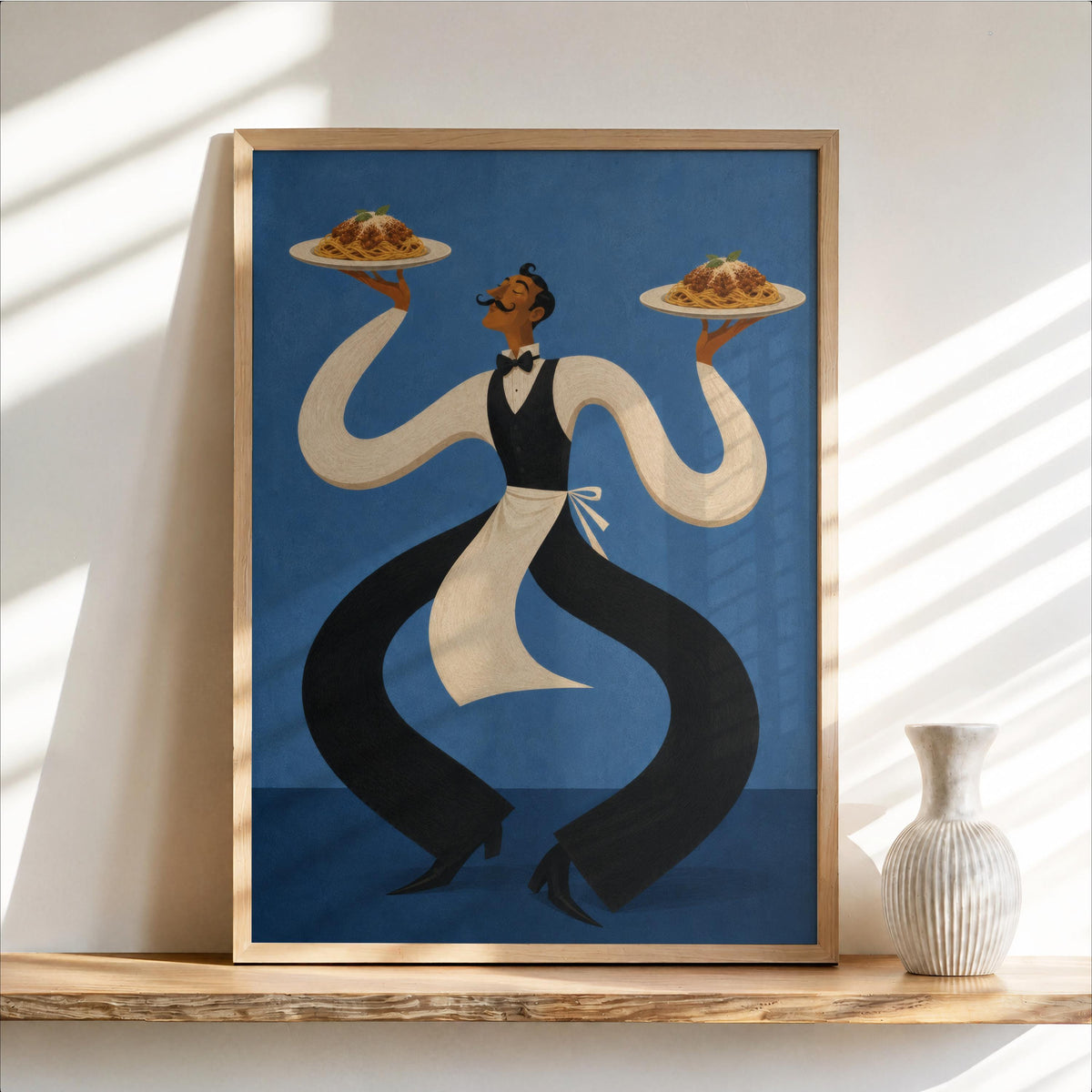 Funny Waiter Wall Art, Vintage Pasta Print, Italian Food Kitchen Decor, Retro Abstract Spaghetti Poster, Surreal Restaurant Foodie Gift